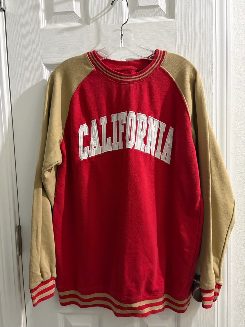 Red Crewneck Sweat shirt with Tan Contrast Sleeves
